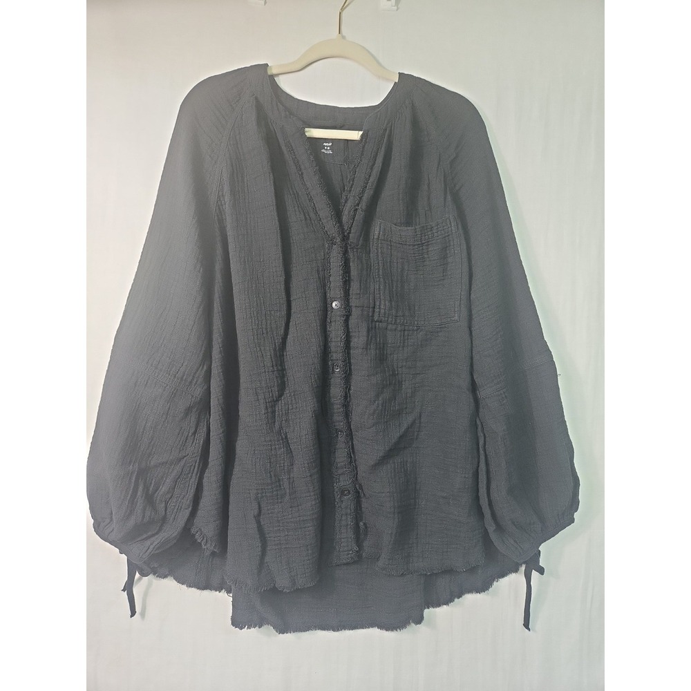 Aerie Daybreak Cover Up Top Women M Black Frayed Hem Puff Sleeve Gauze Oversized